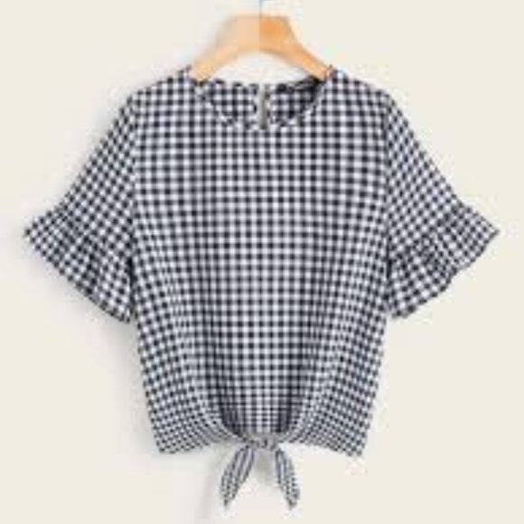 3/$30 SHEIN Ruffle Cuff Tie Hem Plaid Top Large - Picture 2 of 12